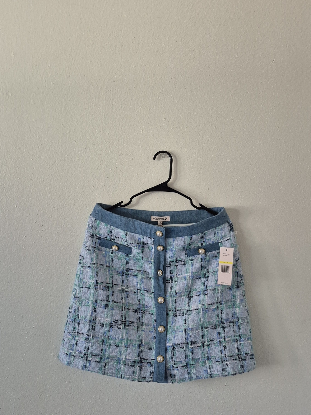 Nanette Lepore Light Blue Tweed Pearl-Button A-Line Mini Skirt Size Medium